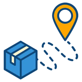 Moving box with a location pin, linked by dotted lines to depict a route for long-distance moving services to and from Ottawa