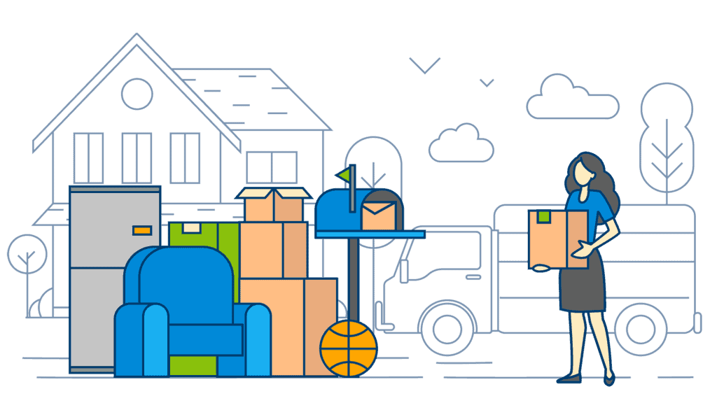 Homeowner Readies for Move: Boxes and Furniture Stacked A homeowner stands beside moving boxes, furniture and a mailbox.