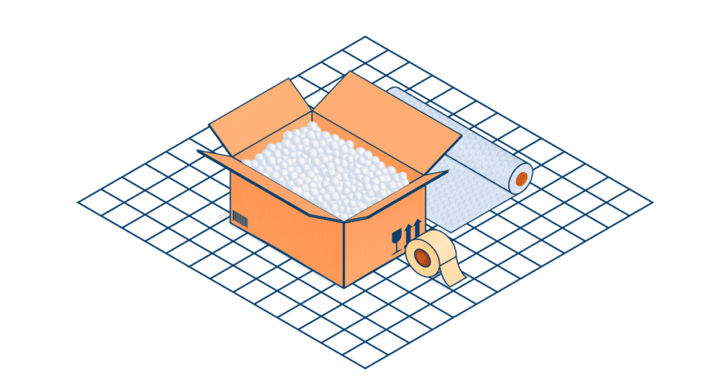 Bubble wrap, packing paper, packing tape, and a sturdy box.