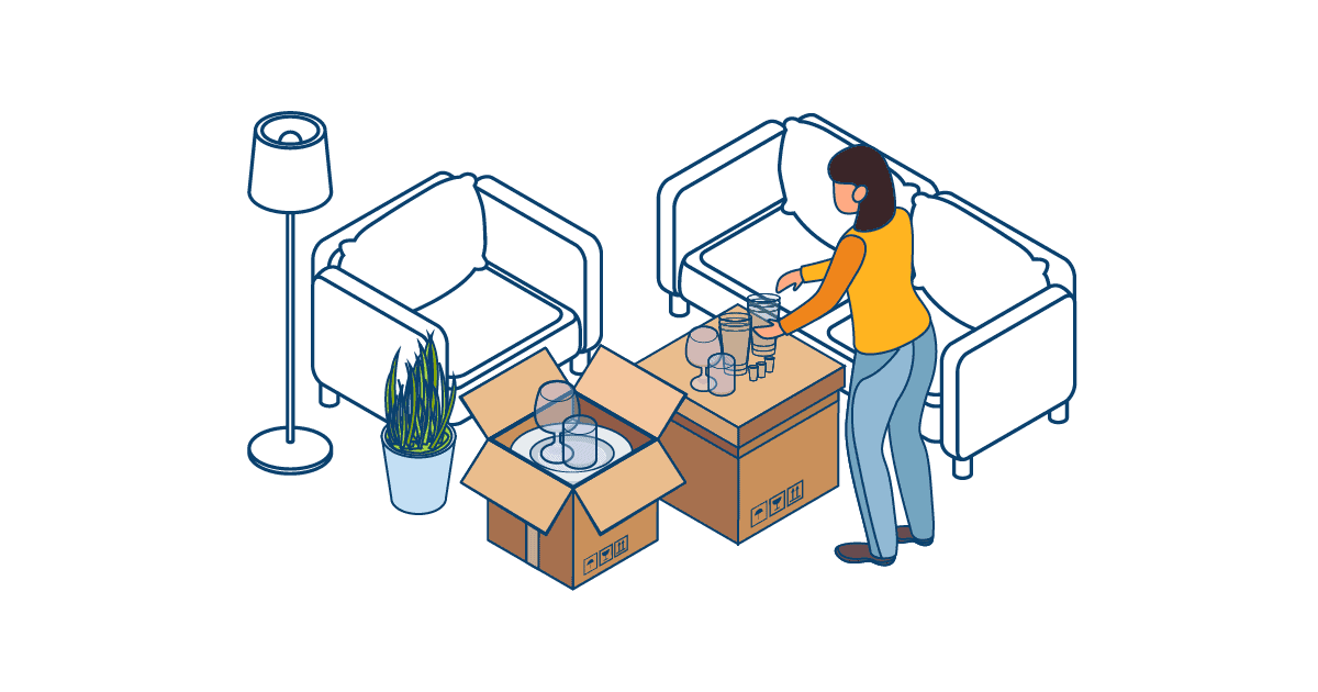 A woman is packing her glasses for her upcoming move.