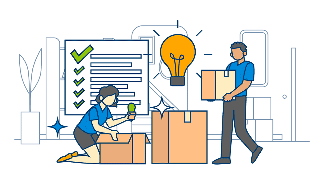 A couple relocating boxes with a light bulb in the background, seeking tips for moving across the country.