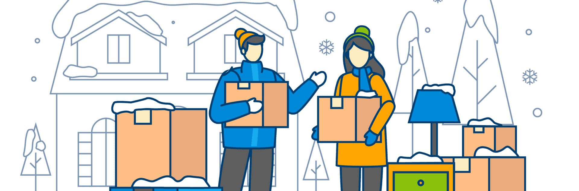 Two people moving boxes into a house during snowy winter.