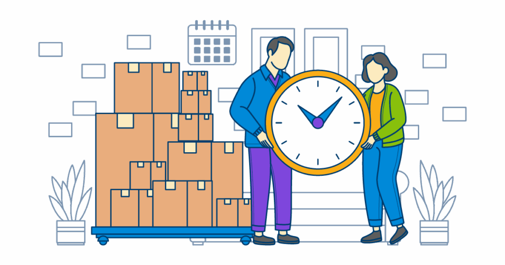 Last-Minute Decluttering with Moving Boxes and Clock for Organization Two people with a clock and moving boxes, ready for a last-minute decluttering before a move. Calendar in the background emphasizes organizing and simplifying.