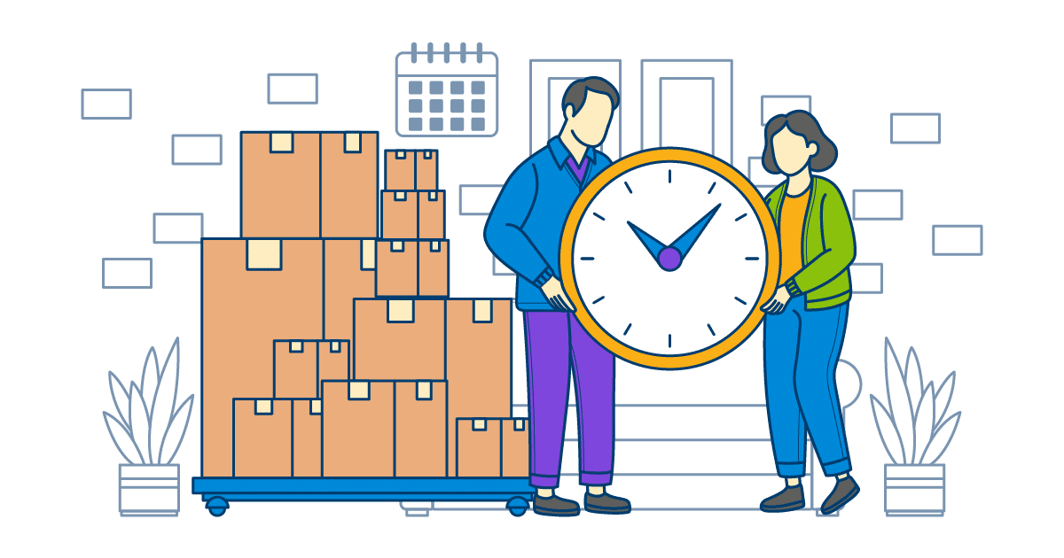 Two people with a clock and moving boxes, ready for a last-minute decluttering before a move. Calendar in the background emphasizes organizing and simplifying.