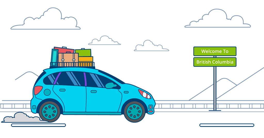 Family car with luggage driving across provinces, moving to British Columbia