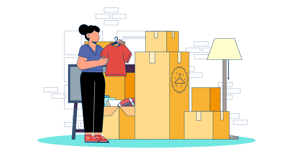 Labeled moving boxes showing what to pack in small, medium, large, and extra-large box sizes.