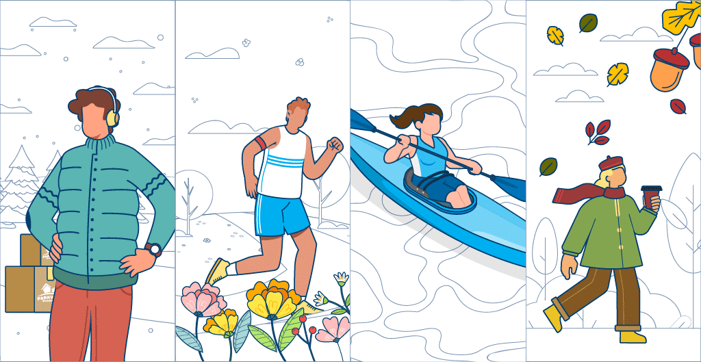 Ottawa Seasons: Winter, Spring, Summer, and Fall Activities Four panels showing Ottawa's seasons: winter snow, spring jogging, summer kayaking, and fall leaf walking.