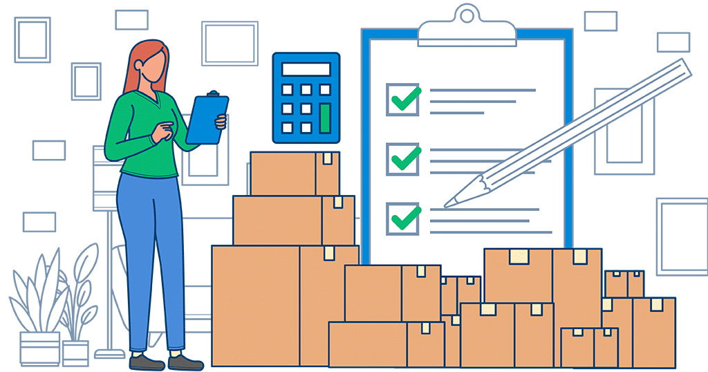 Woman planning moving budget tips with clipboard, calculator, and moving boxes.