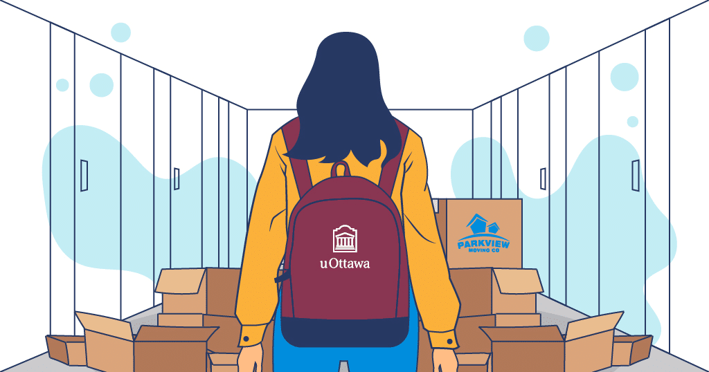 University student moving into dorm with boxes