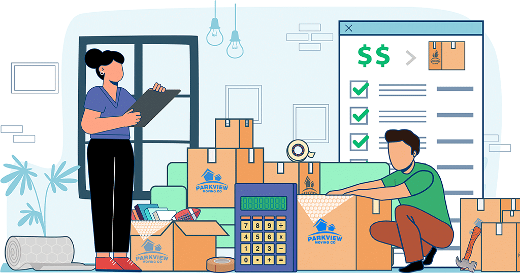 Couple surrounded by moving boxes and packing materials while budgeting for moving costs in Canada