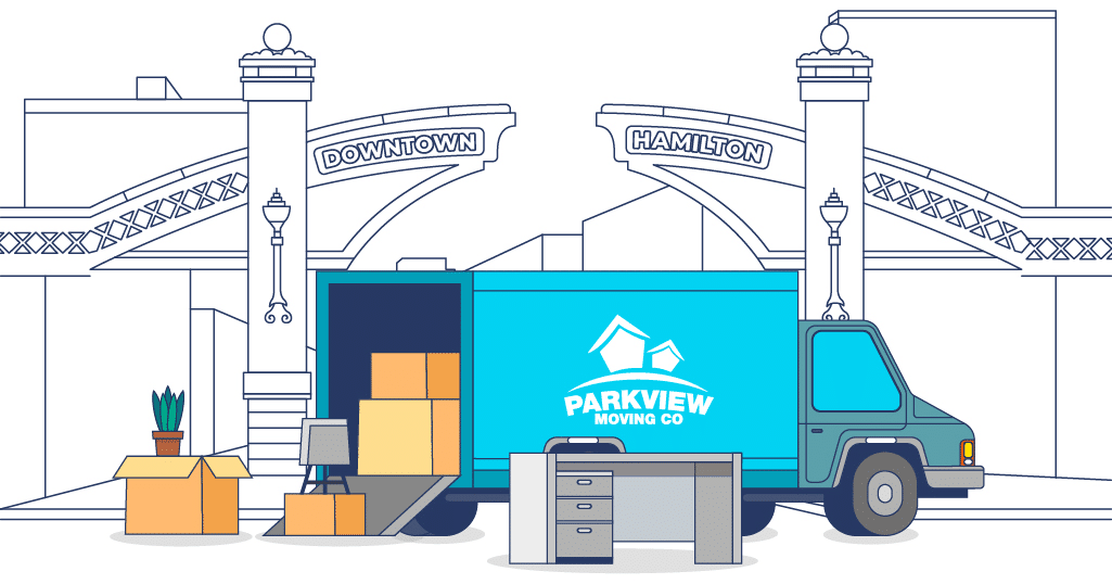 Parkview Moving truck parked during a residential move in downtown Hamilton, Ontario